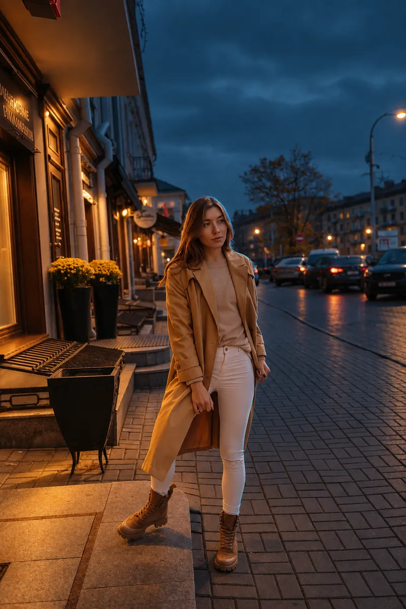 A woman on a city street on a cool, rain-washed evening