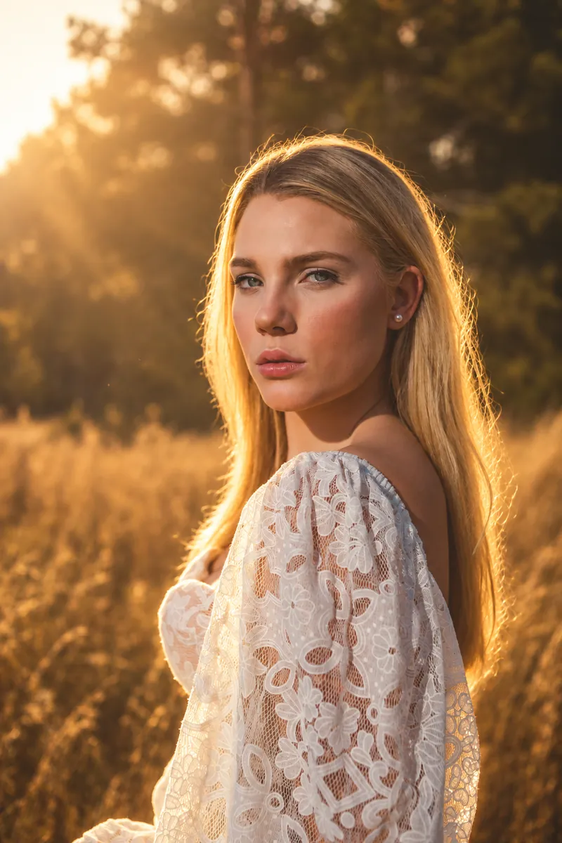 The same woman lit from behind by warm sun