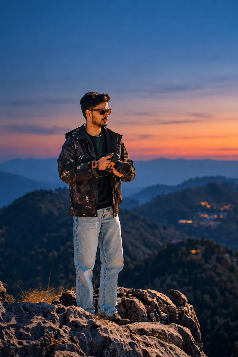 A man on a mountain overlook with a glowing horizon